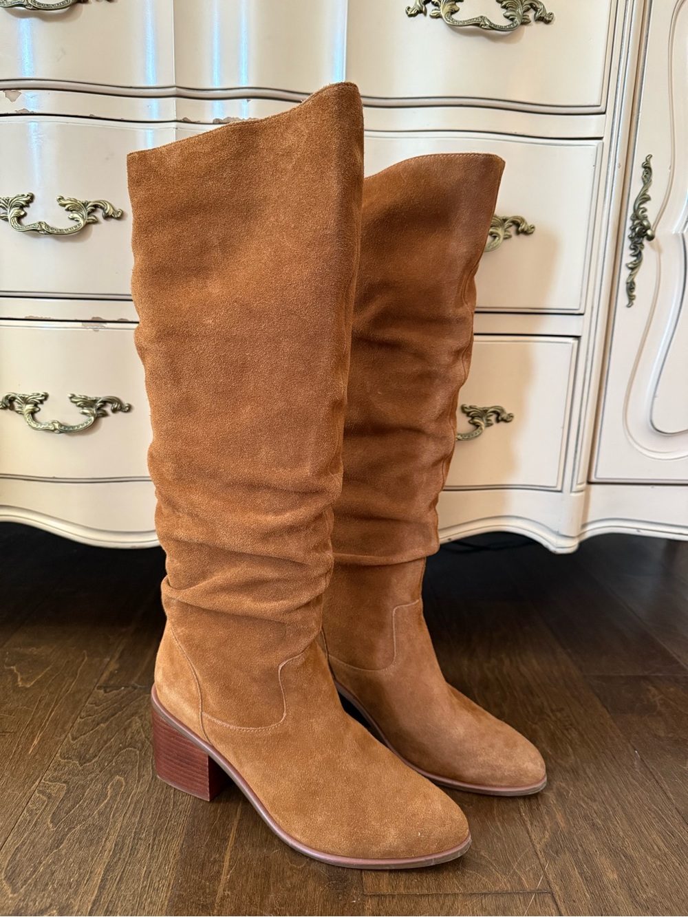 Kelsi Dagger Suede Slouch Knee-High Boots in Tan